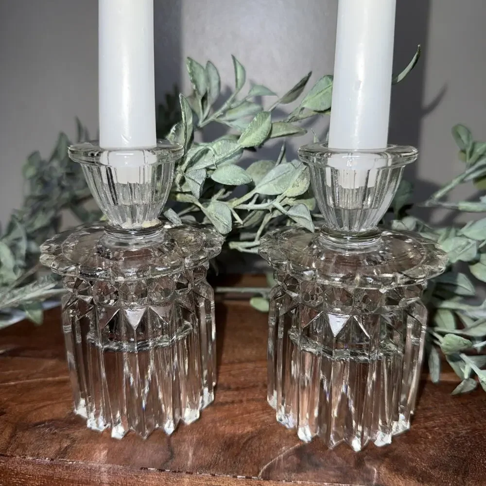 Vtg Cut Glass Reversible Candle Holders Pair Art Deco Style Crystal Look 4.5”